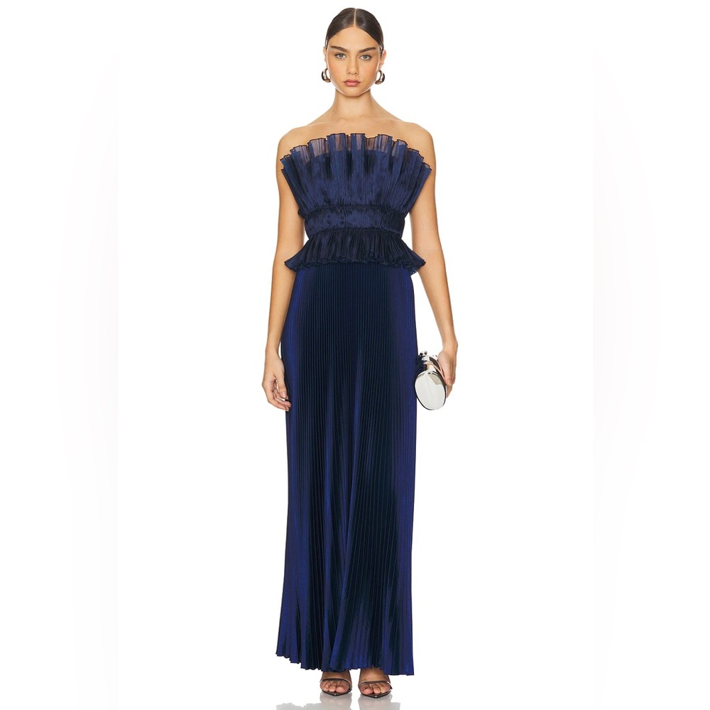 NWT L'IDÉE Masquerade Pleated Strapless Maxi Dress in Navy